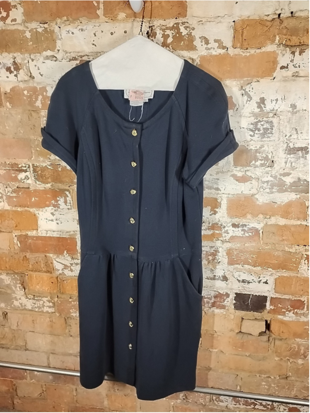 Vintage 80s Adrienne Vittadini Navy Cotton Knit Dress w Gold‎ Logo Buttons-Sz 12